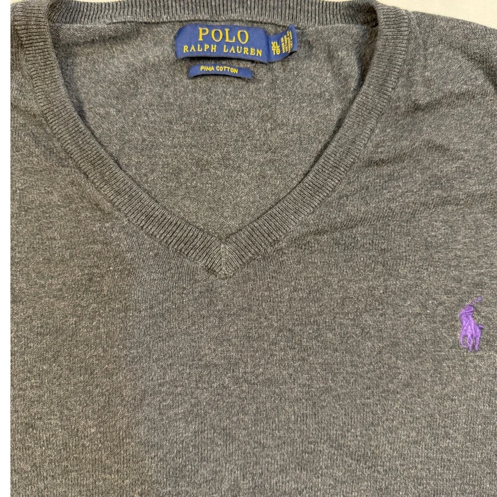 Polo‎ Ralph Lauren Mens XL Pima Cotton V-Neck Sweater Charcoal Grey Purple Pony